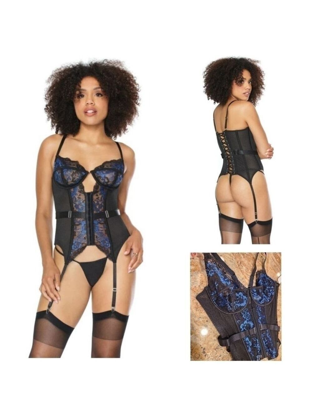 Stretch Net and Scallop Lace Bustier Lingerie, Black and Blue, Size 1X/2X